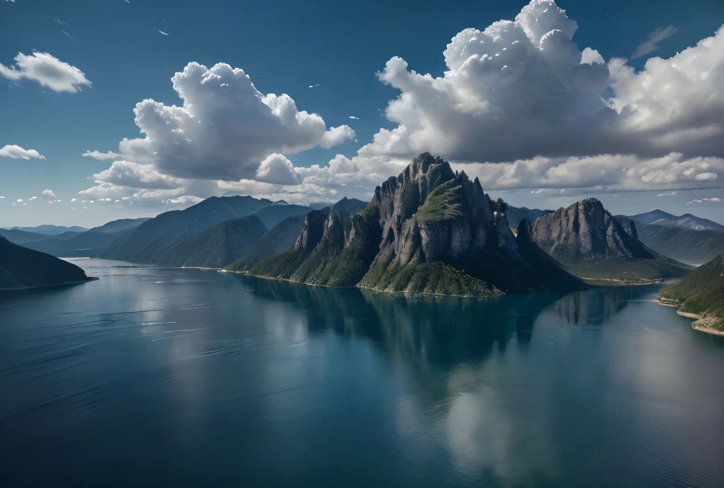 obra maestra, Máxima calidad, Fondo de pantalla de unidad CG 8k, súper delicado, hermoso cielo y nubes, Ricos paisajes naturales, el vasto Lago Azul rodeado de montañas y colinas, no hay rastro de gente, No hay edificios, excelente paisaje, ya ha ganado un concurso de fotografía, fondo borroso, profundidad de campo completa, HDR de alta dinámica, verdadera restauración, Intrincado, detalles extremos, presentación dramática, Presentando perfectamente el estilo del arte de mitad de viaje..