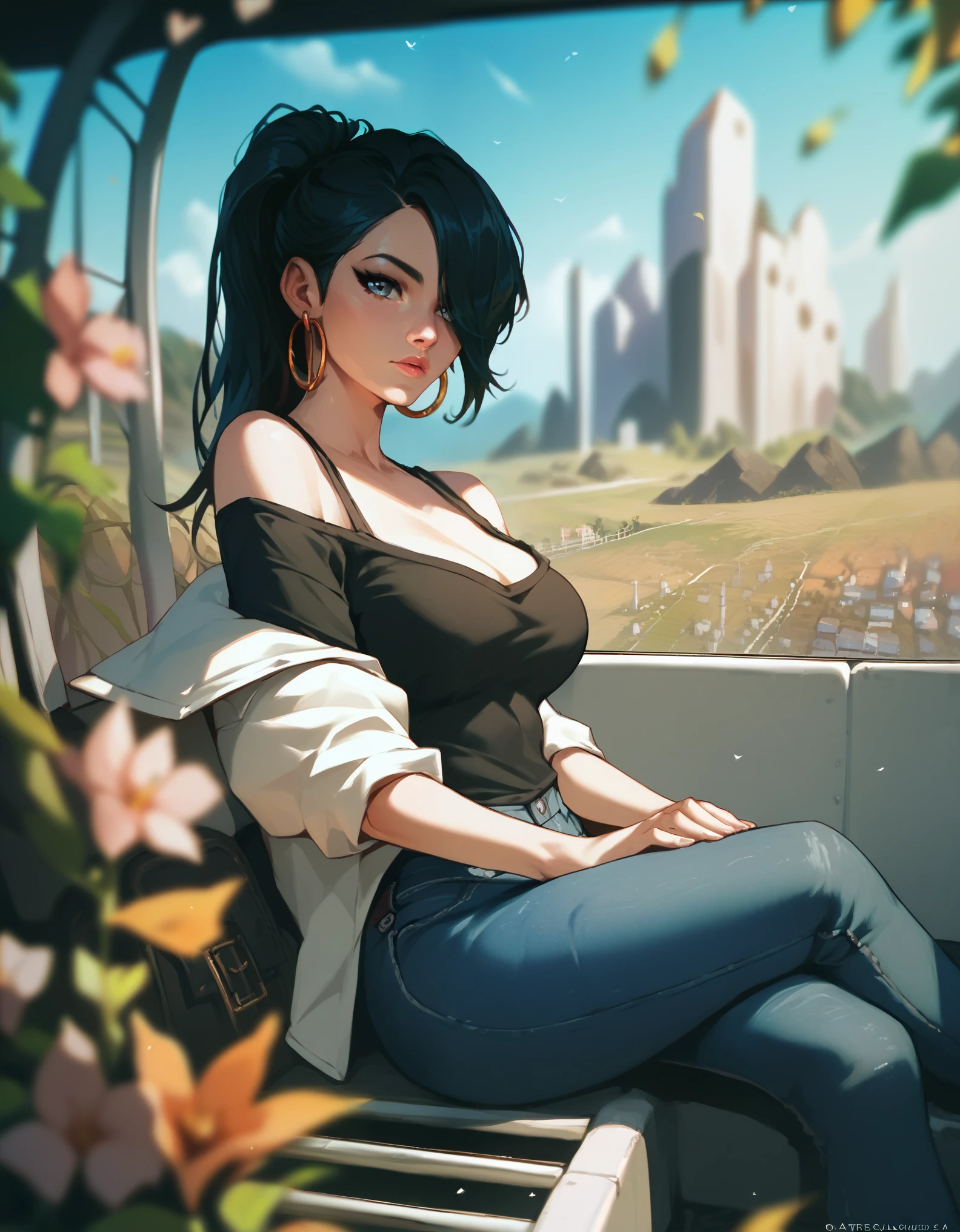 score_9, score_8_up, score_7_up, score_6_up, score_5_up, score_4_up, ((low depth of field)), , (beautiful landscape), BREAK woman sitting in a bus stand, 1girl, pale-skinned female, large breasts, grey eyes, black hair, ponytail hair, hair over one eye, hoop earrings, shirt, off-shoulder shirt, black topwear, jeans, looking at viewer, curious expression
