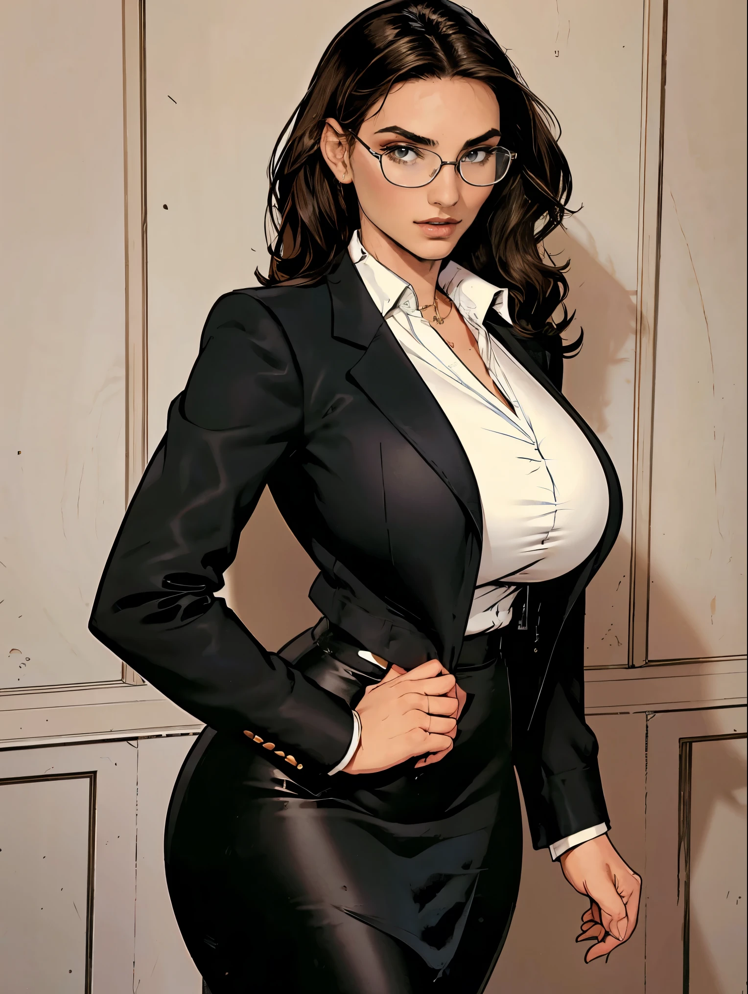 Gorgeous and sultry busty athletic (thin) brunette with sharp facial features and a (large nose) and (huge boobs) wearing a black blazer, white blouse and black pencil skirt, glasses