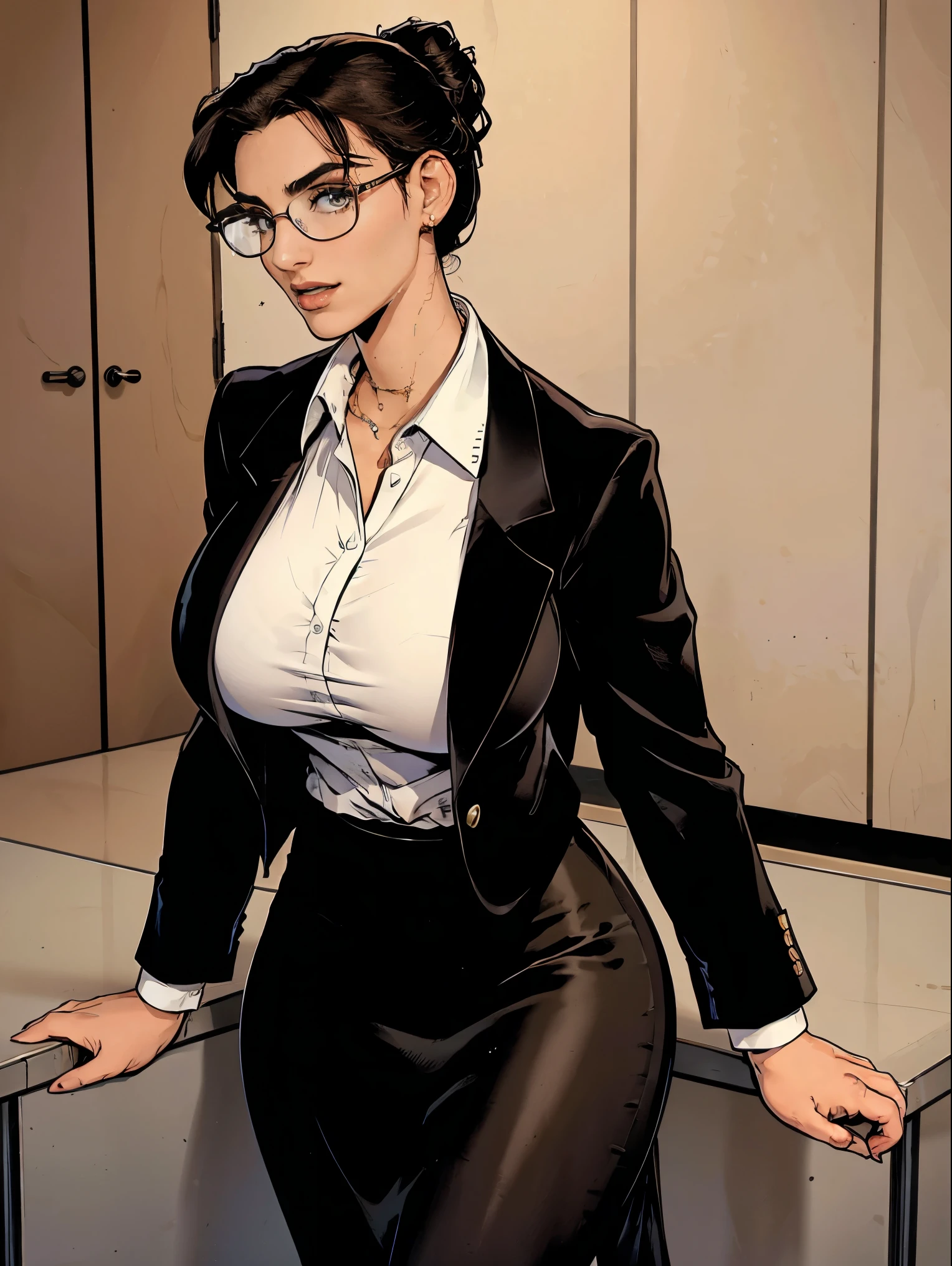 Gorgeous and sultry busty athletic (thin) brunette with sharp facial features and a (large nose) and (huge boobs) wearing a black blazer, white blouse and black pencil skirt, glasses, updo