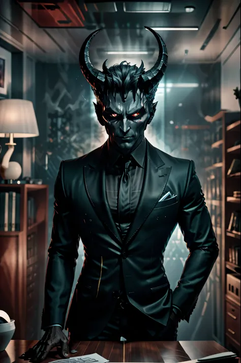 RAW photo, a mature powerful businessman with horns and jet-black skin in an upscale office, 8k uhd, masterpiece, award winning,...