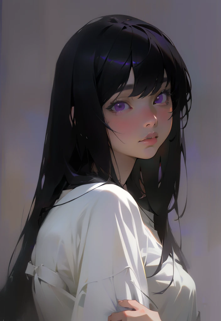 ((masterpiece)), (best quality), (absurdres), (photorealistic:1.4), black hair, yamamura_sadako, white dress, (fair skin), bangs, purple eyes, beautiful 