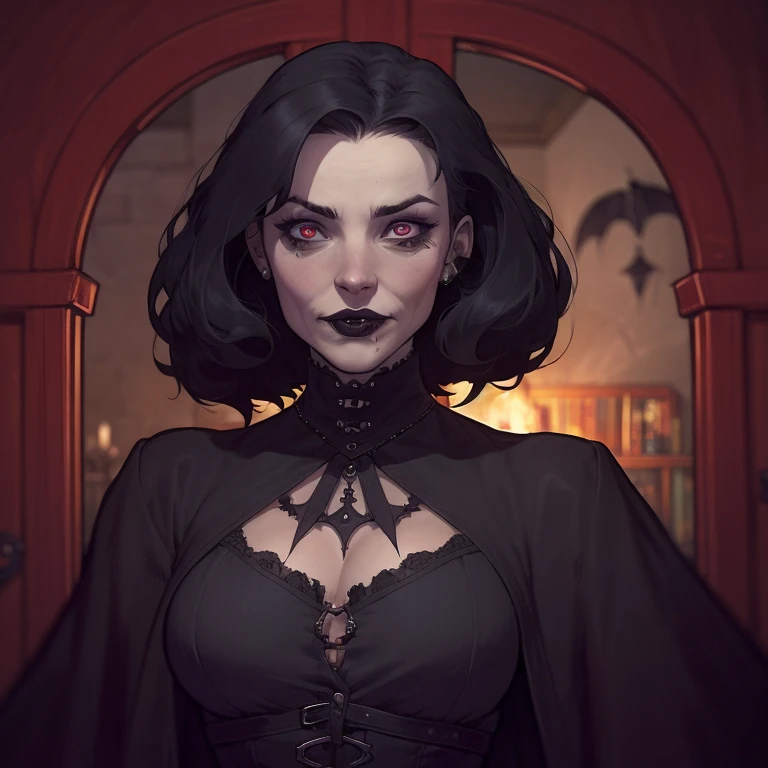 un mode portrait en gros plan style dessin animé illustration numérique de style GTA d&#39;une femme vêtue d&#39;une robe noire et de cheveux noirs, belle reine des vampires, belle reine vampire, jeune fille gothique, très beau top model gothique, beautiful femme vampire, fille gothique, fille gothique, jeune fille gothique of the dark, style gothique, femme gothique, vêtements gothiques, tenue gothique, mode vampire, femme vampire, porter une robe gothique