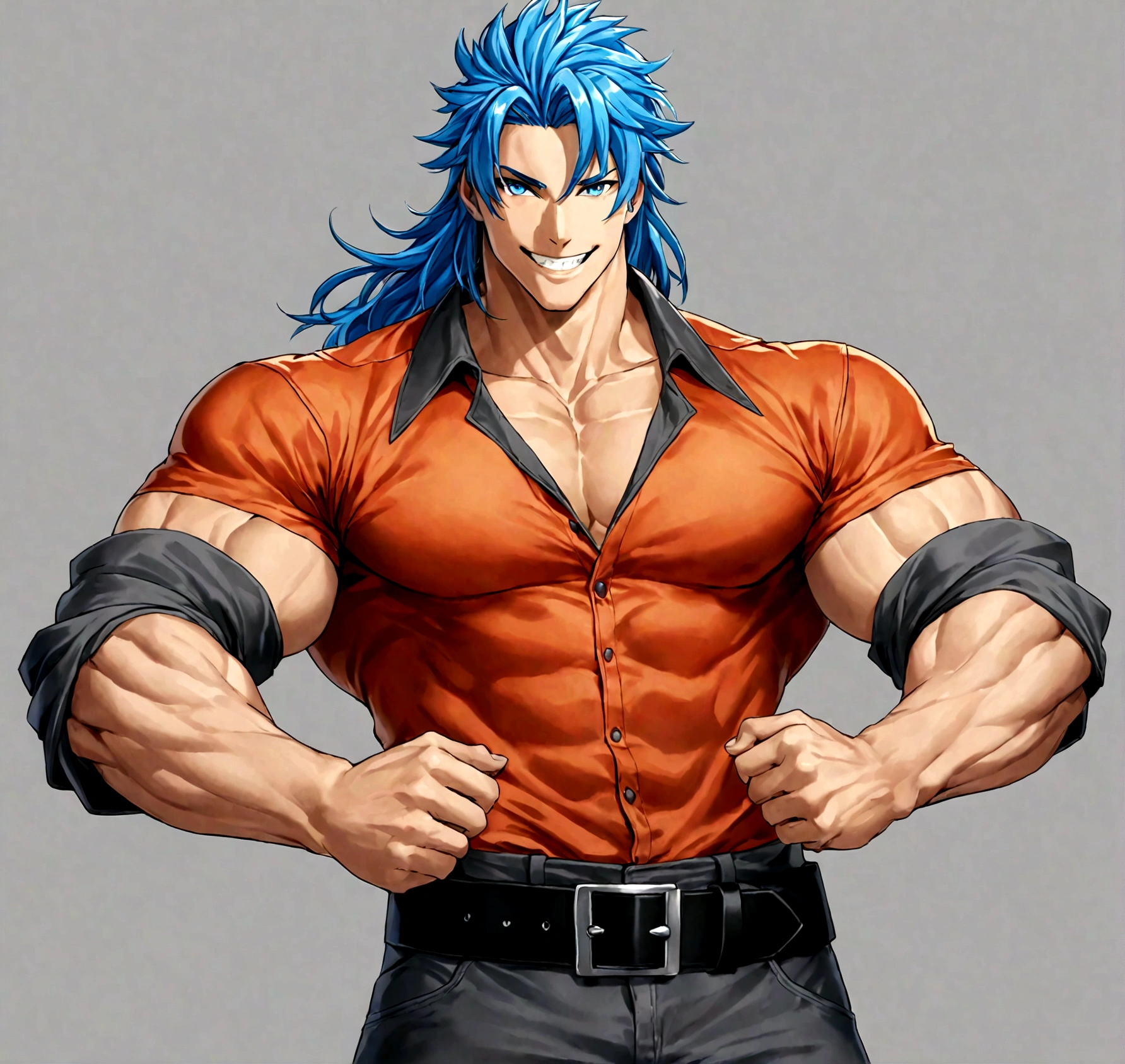 solo, long hair, looking at viewer, smile, blue eyes, simple background, shirt, 1boy, blue hair, male focus, cowboy shot, teeth, belt, pants, grey background, grin, muscular, own hands together, muscular male, sleeves rolled up, black belt