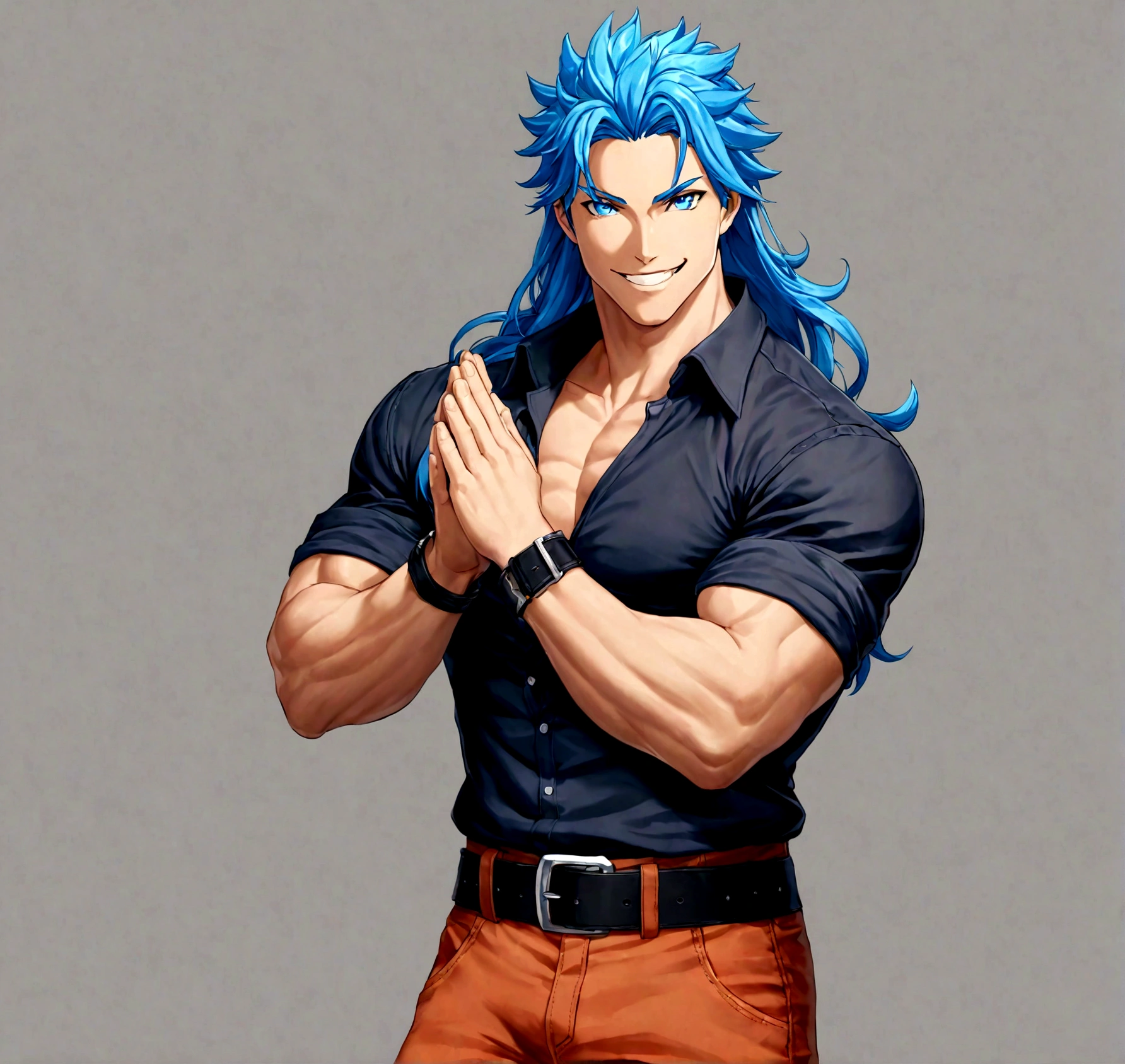 solo, long hair, looking at viewer, smile, blue eyes, simple background, shirt, 1boy, blue hair, male focus, cowboy shot, teeth, belt, pants, grey background, grin, muscular, own hands together, muscular male, sleeves rolled up, black belt