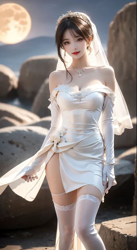 tokisaki kurumi,huajia,wedding dress, ((bare shoulders)), ((whole body)), practical, fashion girl, red lips, mature women, cosme...