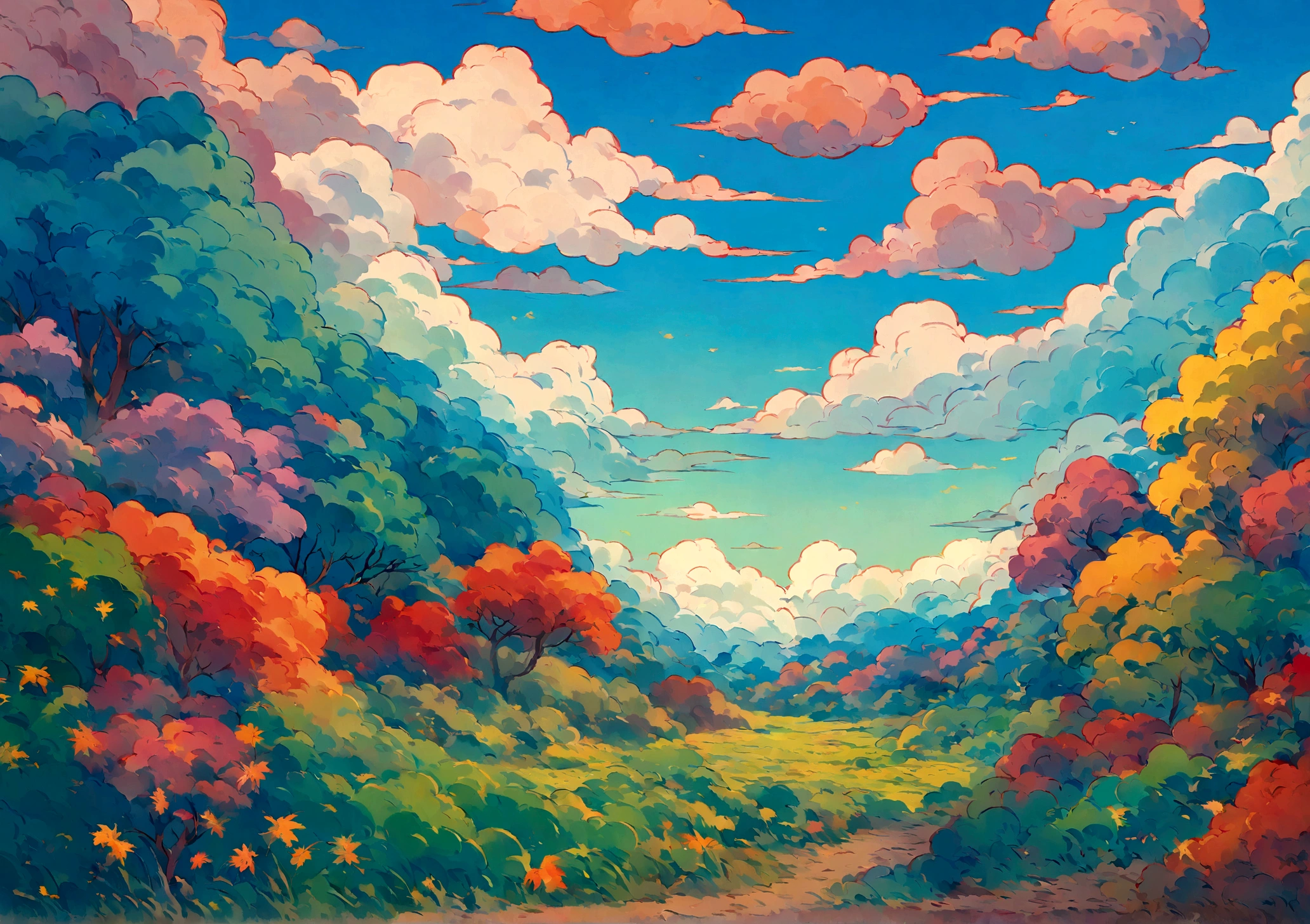 A field full of trees ( Plant shaped like leaves) ( In the form of weeds ) Not an art style, Blue sky and many clouds. windy, and the intense colors of Studio Ghibli style