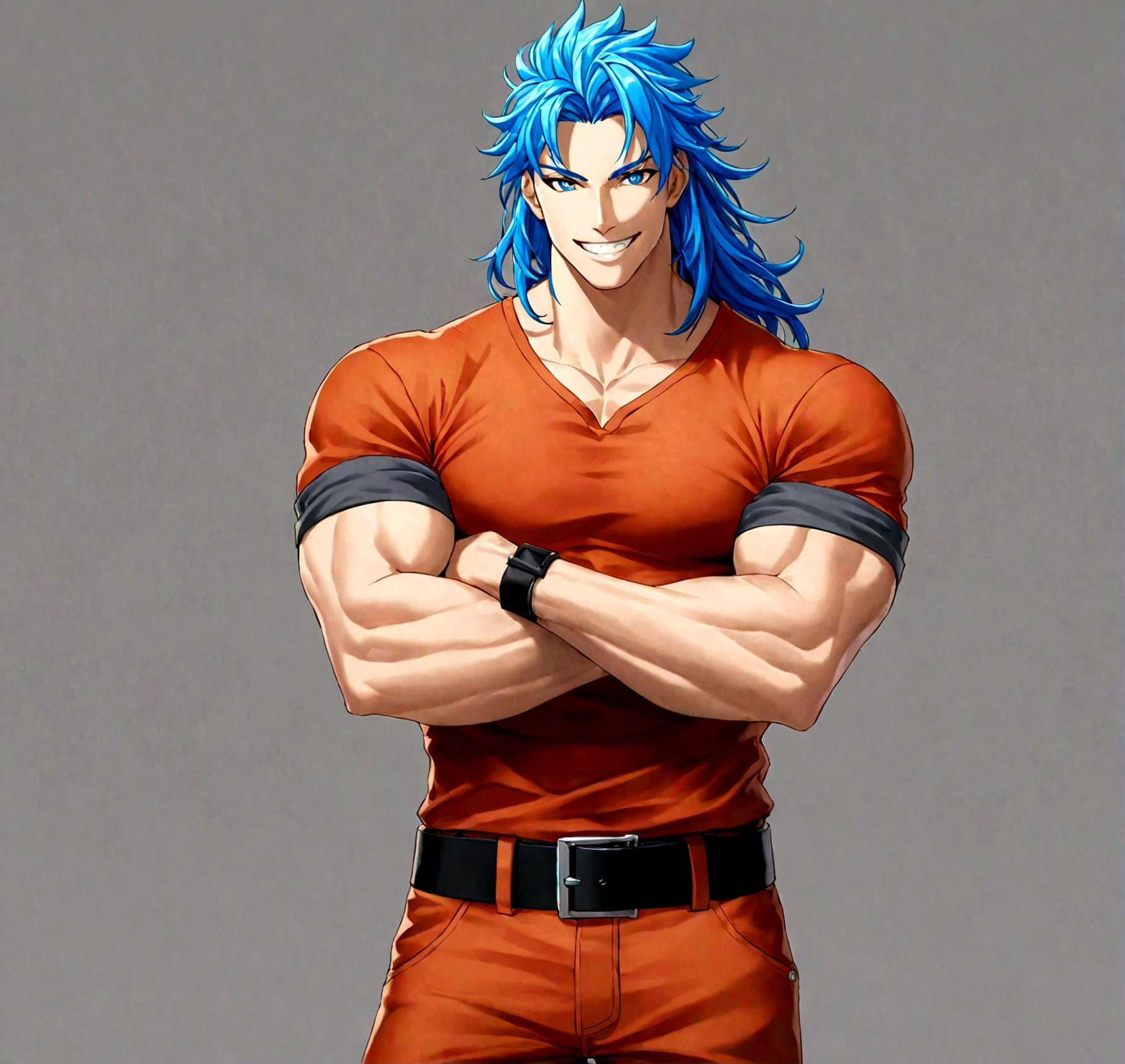 solo, long hair, looking at viewer, smile, blue eyes, simple background, shirt, 1boy, blue hair, male focus, cowboy shot, teeth, belt, pants, grey background, grin, muscular, own hands together, muscular male, sleeves rolled up, black belt