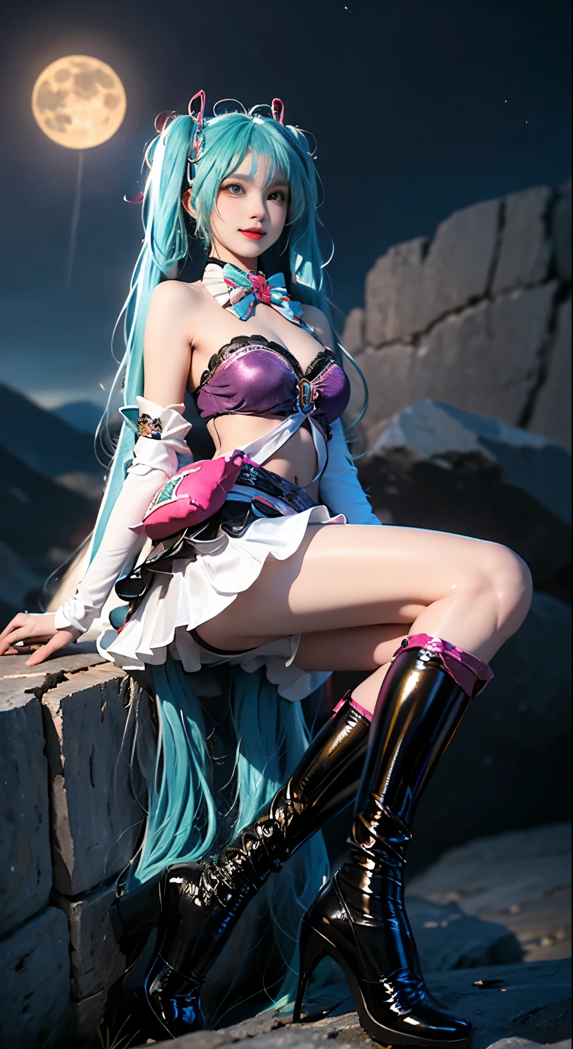 hatsune miku cosplay costume, hatsune miku, cosplay, twintails, aqua hair, long hair, alternate costume, hairclip, hair ornament, tattoo, bra, bowtie, detached collar, detached sleeves, skirt, belt, bag, thigh boots, boots, high heels, ((Bare shoulders)), ((whole body)), Practical, Fashion Girl, red lips, Mature women, cosmetic, big eyes, beautiful eyes, ((whole body)), ((from below)), (best quality, masterpiece:1.2), Super detailed, (Practical:1.37), ((Sexy long legs)), beautiful, Young and energetic, Charming model with, Large Breasts, cleveage, (Delicateeyes, Detailed lips, extremely Delicateeyes), Show a bright smile, Create stunning girl images, warm color, Extremely high color saturation, Official Art, Extremely detailed CG unified 8k wallpaper,(High Dynamic Range :1.4), (Movie),(Soft colors, Dull Color, Soothing tone :1.3), (Natural skin texture, ultra-Practical, Soft Light, sharp),(Very detailed), night, moonlight, ((In the mountains, plant, Leaning against the rocks))