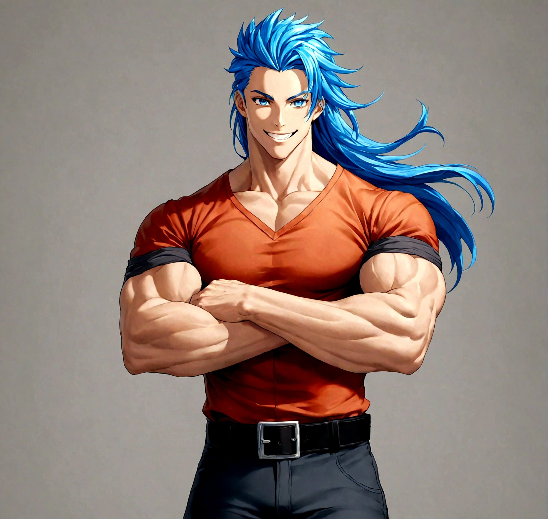 solo, long hair, looking at viewer, smile, blue eyes, simple background, shirt, 1boy, blue hair, male focus, cowboy shot, teeth, belt, pants, grey background, grin, muscular, own hands together, muscular male, sleeves rolled up, black belt