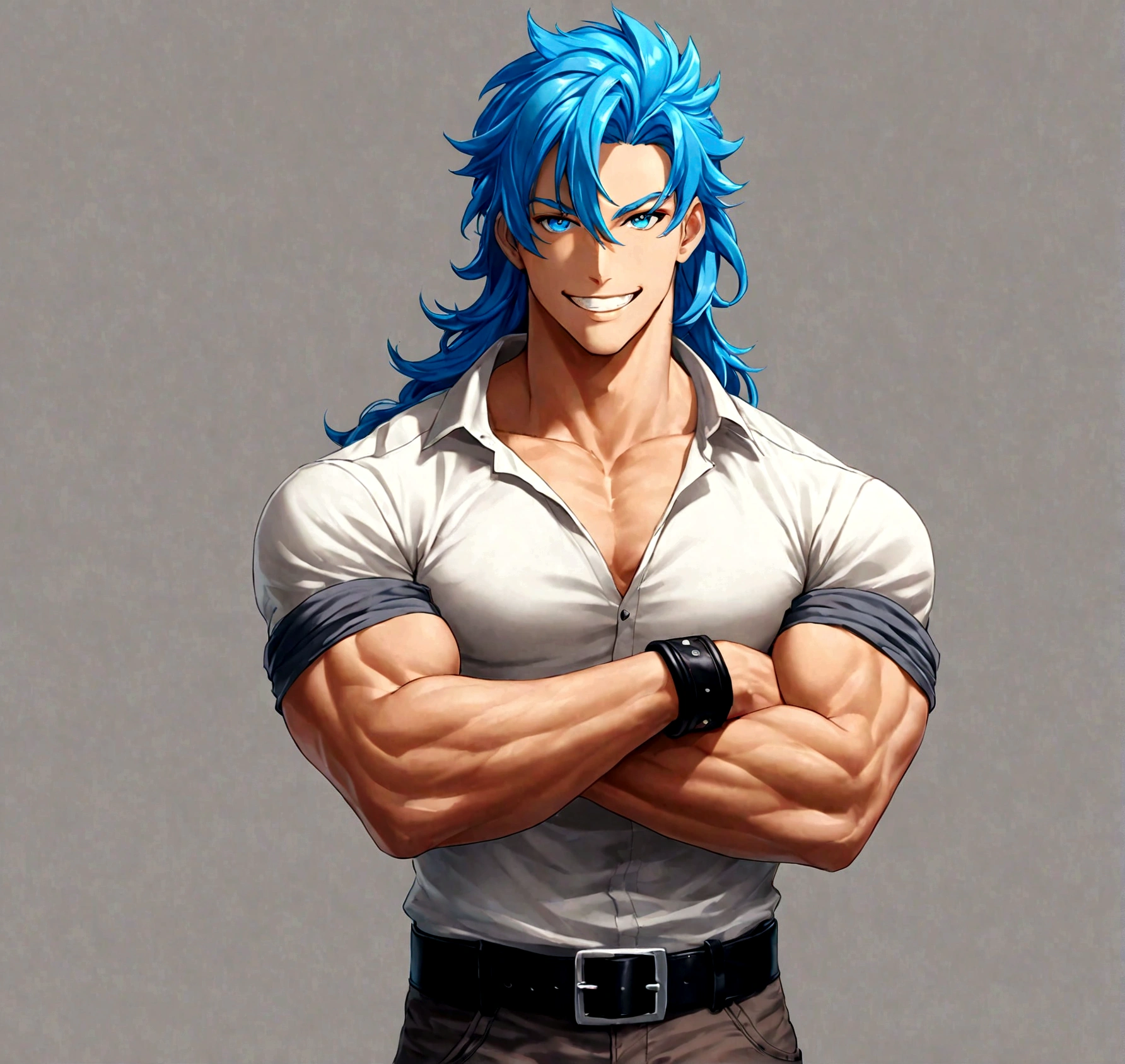 solo, long hair, looking at viewer, smile, blue eyes, simple background, shirt, 1boy, blue hair, male focus, cowboy shot, teeth, belt, pants, grey background, grin, muscular, own hands together, muscular male, sleeves rolled up, black belt