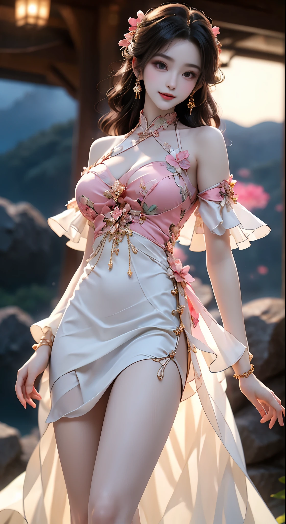 newchinesestylesuit,  ((Bare shoulders)), ((whole body)), Practical, Fashion Girl, red lips, Mature women, cosmetic, big eyes, beautiful eyes, ((whole body)), ((from below)), (best quality, masterpiece:1.2), Super detailed, (Practical:1.37), ((Sexy long legs)), beautiful, Young and energetic, Charming model with, Large Breasts, cleveage, (Delicateeyes, Detailed lips, extremely Delicateeyes), Show a bright smile, Create stunning girl images, warm color, Extremely high color saturation, Official Art, Extremely detailed CG unified 8k wallpaper,(High Dynamic Range :1.4), (Movie),(Soft colors, Dull Color, Soothing tone :1.3), (Natural skin texture, ultra-Practical, Soft Light, sharp),(Very detailed), night, moonlight, ((In the mountains, plant, Leaning against the rocks))