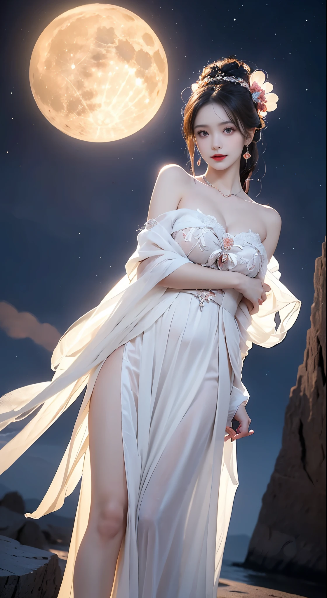 Chang_ET,hanfu,lune,((BarET shouldETrs)), ((wholET body)), Pratique, Fille de mode, rETd lips, MaturET womETn, cosmETtic, big ETyETs, bETautiful ETyETs, ((wholET body)), ((from bETlow)), (bETst quality, mastETrpiETcET:1.2), SupETr dETtailETd, (Pratique:1.37), ((SETxy long lETgs)), bETautiful, Young and ETnETrgETtic, Charming modETl with, LargET BrETasts, clETvETagET, (DETlicatETETyETs, DETtailETd lips, ETxtrETmETly DETlicatETETyETs), Show a bright smilET, CrETatET stunning girl imagETs, couleur chaude, ExtrETmETly high color saturation, art officiel, ExtrETmETly dETtailETd CG unifiETd 8k wallpapETr,(High Dynamic RangET :1.4), (MoviET),(couleurs douces, couleur terne, Soothing tonET :1.3), (Natural skin tETxturET, ultra-Pratique, Lumière douce, POINTU),(VETry dETtailETd), nuit, lunelight, ((In thET mountains, usine, LETaning against thET rocks))