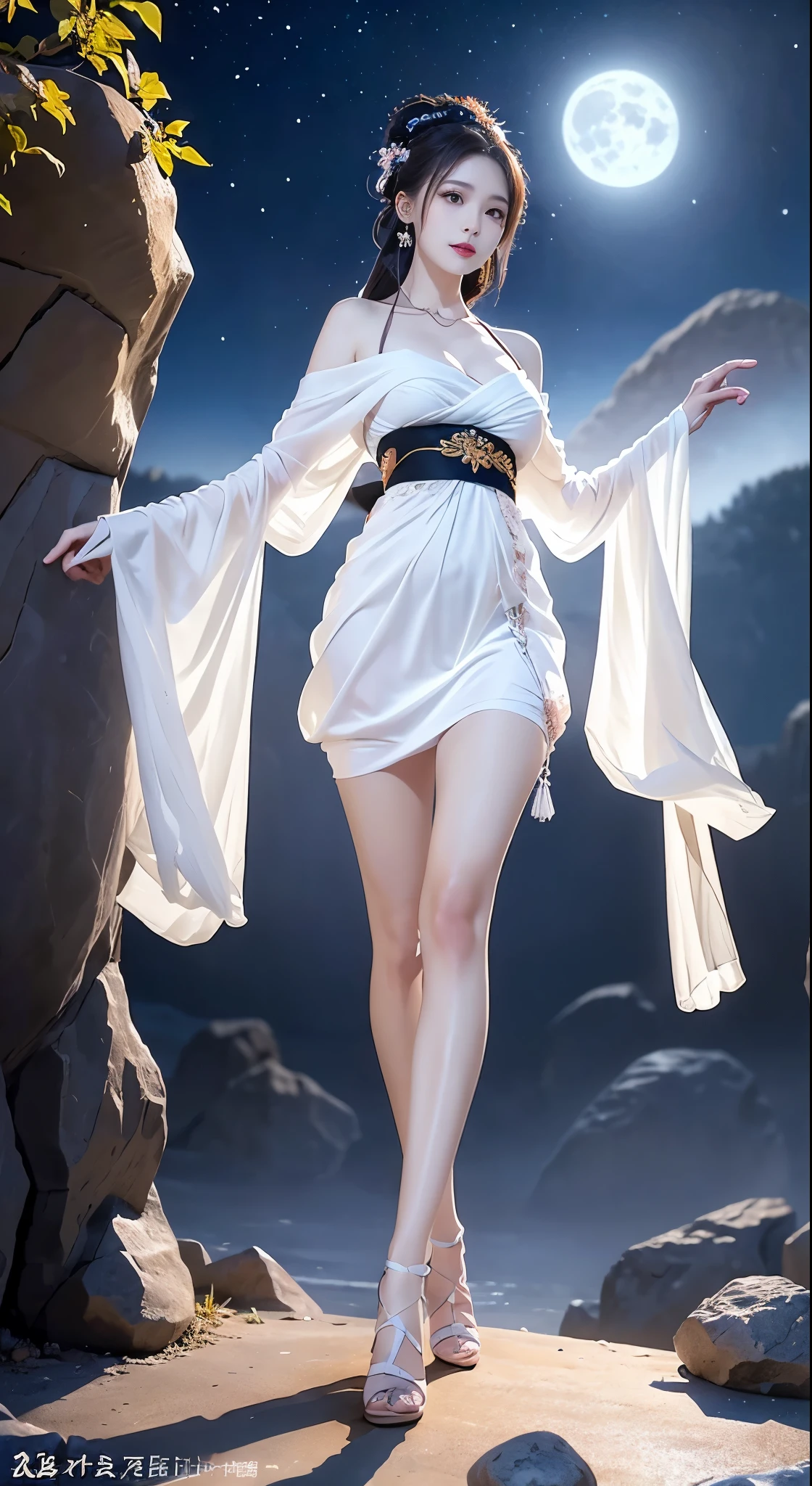 chang_e,hanfu,moon,((Bare shoulders)), ((whole body)), Practical, Fashion Girl, red lips, Mature women, cosmetic, big eyes, beautiful eyes, ((whole body)), ((from below)), (best quality, masterpiece:1.2), Super detailed, (Practical:1.37), ((Sexy long legs)), beautiful, Young and energetic, Charming model with, Large Breasts, cleveage, (Delicateeyes, Detailed lips, extremely Delicateeyes), Show a bright smile, Create stunning girl images, warm color, Extremely high color saturation, Official Art, Extremely detailed CG unified 8k wallpaper,(High Dynamic Range :1.4), (Movie),(Soft colors, Dull Color, Soothing tone :1.3), (Natural skin texture, ultra-Practical, Soft Light, sharp),(Very detailed), night, moonlight, ((In the mountains, plant, Leaning against the rocks))