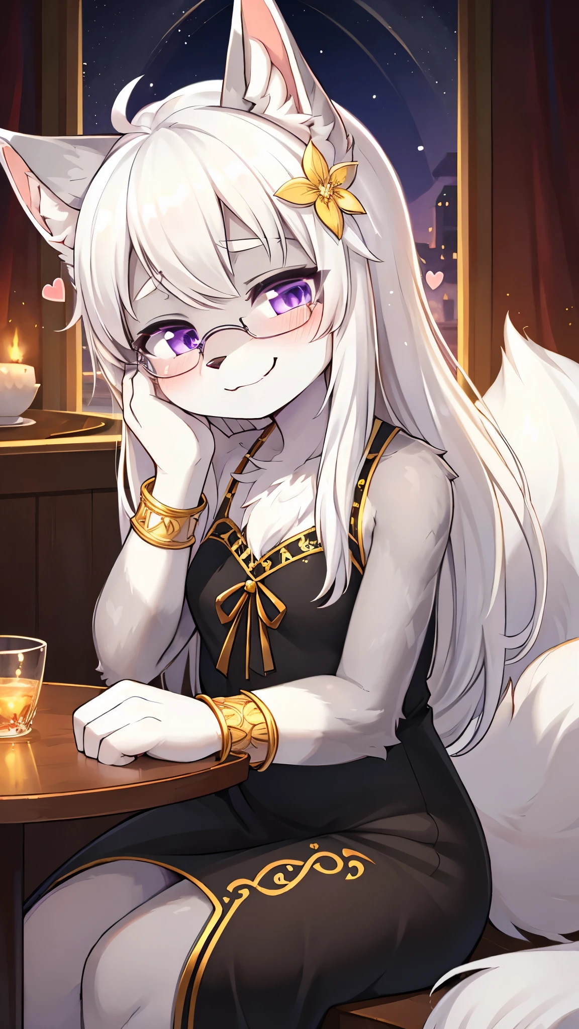 best quality,best resolution,(fluffy anthro furry :1.6),(young :1.6),cat girl,flat chest,(white hair :1.6),long hair,wavy hair,purple eyes,glistering eyes,sparkle eyes,ultra detailed eyes,(grey fur :1.6),(black dress with gold embroidery),glasses,flower hair ornaments,gold bracelets,gorgeous restaurant,chanderia,night,sparkle stars surrounded,romantic light,full face blush,looking at viewer,heart expression eyes,heart eyes,horny face,smile,very closed eyes,sitting,hands on face,lean forward