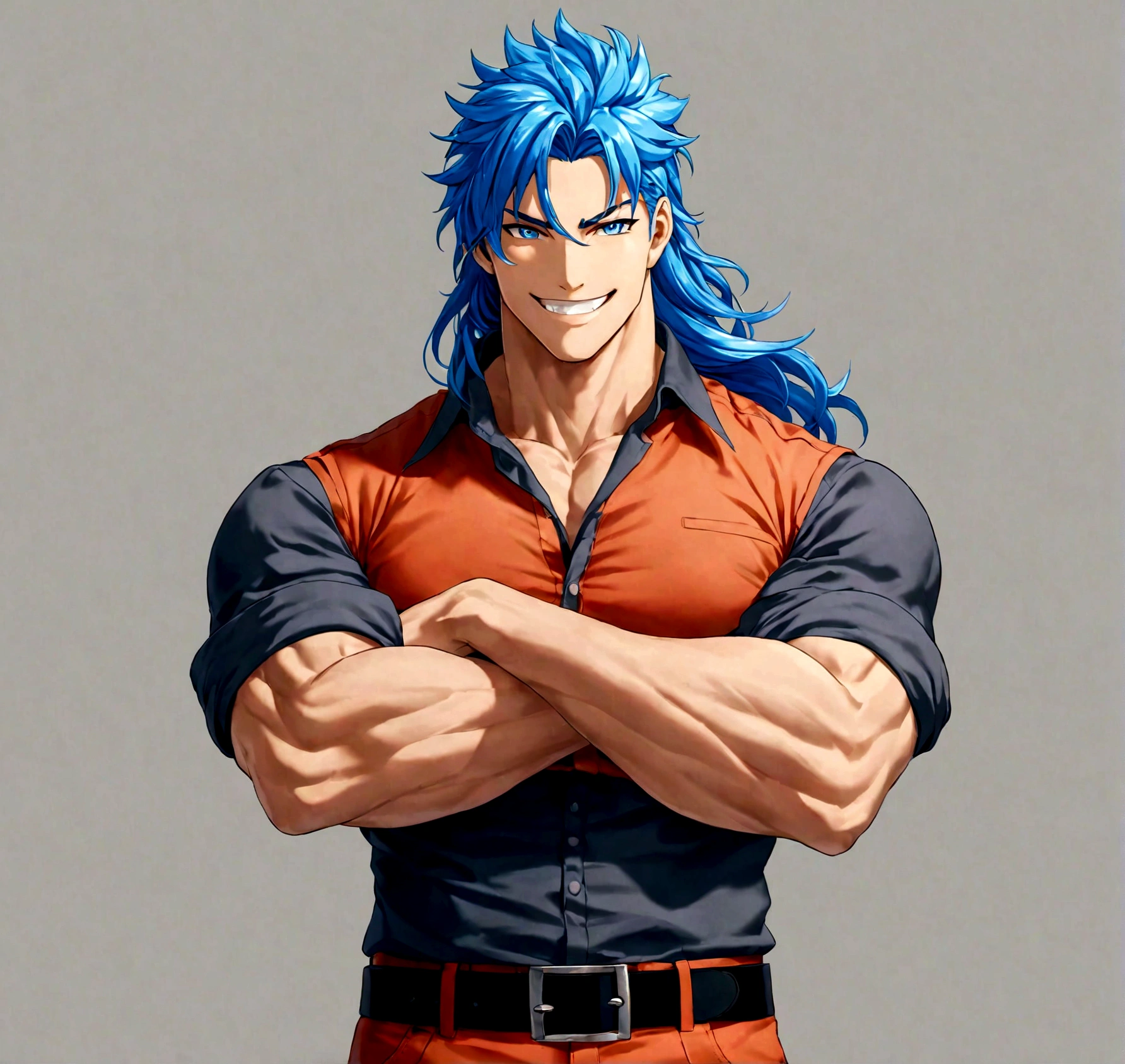 solo, long hair, looking at viewer, smile, blue eyes, simple background, shirt, 1boy, blue hair, male focus, cowboy shot, teeth, belt, pants, grey background, grin, muscular, own hands together, muscular male, sleeves rolled up, black belt