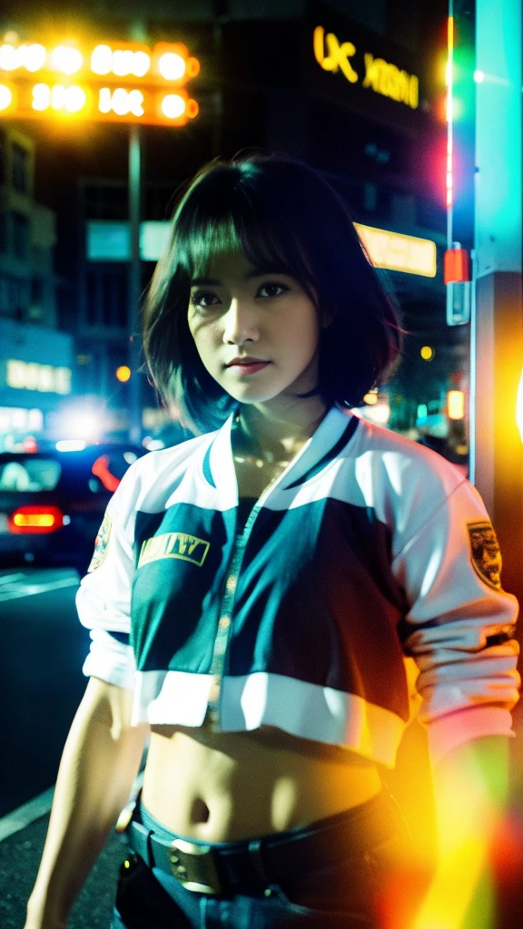 Masterpiece, (best quality:1.4), ultra high res, master photography, professional color grading, depth of fields, rule of third, 50mm, film grain, (photorealistic:1.4), cinematic lighting, chromatic abberation, 1girl, short hair, wearing green bomber jacket, detailed face, detailed eyes, flat chest, looking at viewer, front view, cowboy shot, Hong Kong street background, night, city light, blurry background, sfw