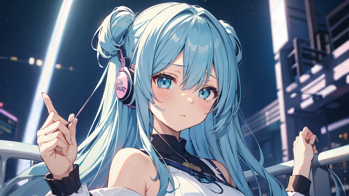 Tsundere　Protagonista feminina　O fundo está desfocado　Desenhe apenas a parte superior do corpo　mulher do cabelo azul　triste　rosto solitário　olhar para cima　Arte de estilo de Gwyze com fones de ouvido、lindo anime、 sozinho　Convocação、lindo anime girl、lindo anime girl、Garota de anime de cabelo turquesa、estilo anime。8K、estilo de arte da proa、lindas ilustrações digitais、Lindos desenhos de personagens、Impressionante retrato de rosto de anime Mikudayo, arte oficial, menina lo-fi, estilo de arte lo-fi,, meio bico, atmosfera de anime, 富士フイルムと混ぜたestilo anime, Ilustração digital de anime, papel de parede de anime 4K　Garota usando fones de ouvido, céu estrelado　Visão noturna　girl looking at the céu estrelado　Crescent Moon