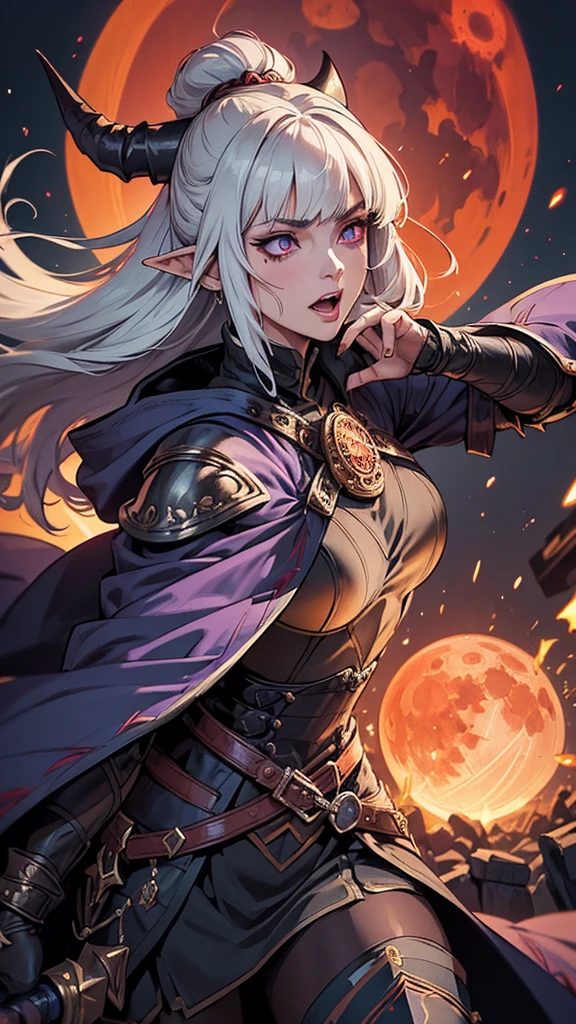 (Ultra-detailed face, Roar, shout:1.3), (Fantasy Illustration with Gothic & Ukiyo-e & Comic Art), (A middle-aged dark elf woman with white hair, blunt bangs, Very long disheveled hair, and dark purple skin, lavender eyes), (She is dressed in dusky, bloodstained, heavily armored armor and a velour cloak), (With a yell, she leaps up and strikes a daring pose, thrusting her two-handed greatsword into the center of the magic circle. Flames explode in the center of the magic circle), BREAK (In the background, an old temple and a cemetery can be seen, and the red moon tints the area red)