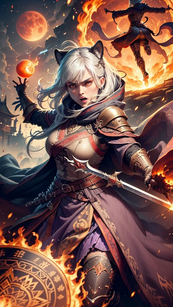 (Ultra-detailed face, Roar, shout:1.3), (Fantasy Illustration with Gothic & Ukiyo-e & Comic Art), (A middle-aged dark elf woman with white hair, blunt bangs, Very long disheveled hair, and dark purple skin, lavender eyes), (She is dressed in dusky, bloodstained, heavily armored armor and a velour cloak), (With a yell, she leaps up and strikes a daring pose, thrusting her two-handed greatsword into the center of the magic circle. Flames explode in the center of the magic circle), BREAK (In the background, an old temple and a cemetery can be seen, and the red moon tints the area red)