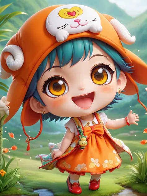 (chibi)，(masterpiece, top quality, best quality, official art, beautiful and aesthetic:1.2), cute lamb ip,koi,chibi face,grass,r...