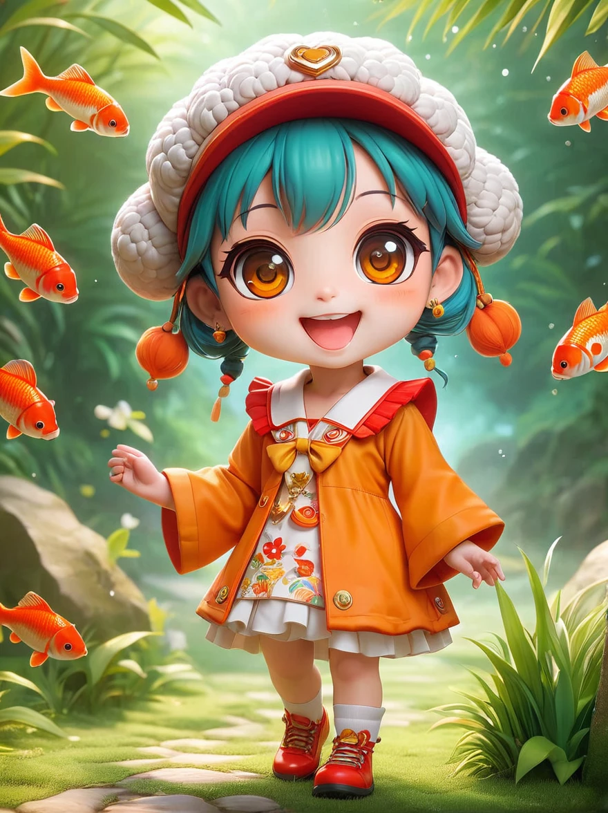 (chibi)，(chef-d&#39;œuvre, qualité supérieure, Meilleure qualité, art officiel, beau et esthétique:1.2), IP d&#39;agneau mignon,demande,visage de chibi,herbe,cicatrice rouge, rire,belle robe, sac à bandoulière diagonale de dessin animé mignon, lunettes de dessin animé orange, casquette en laine à motif jaune, 1fkxc1