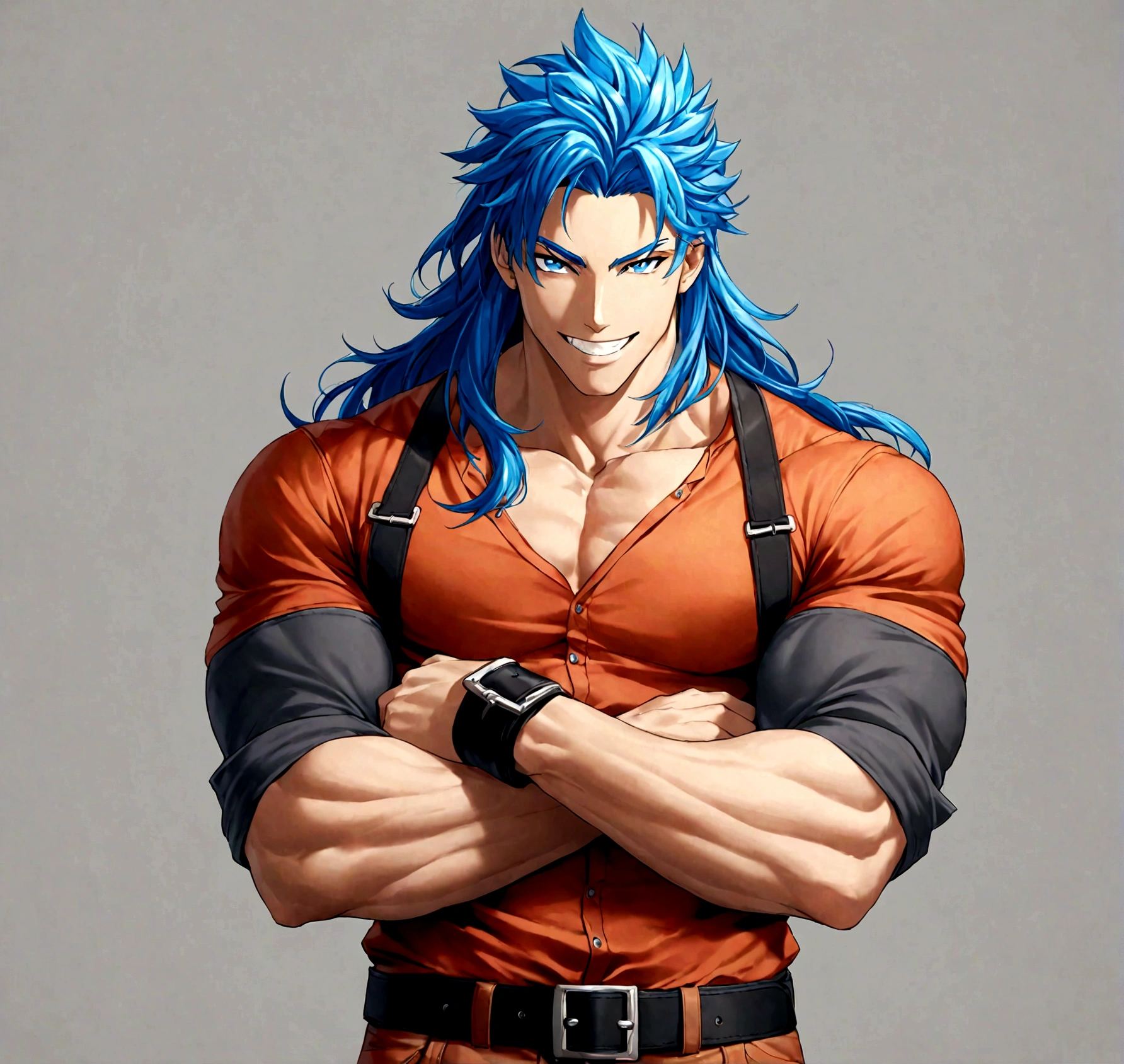 solo, long hair, looking at viewer, smile, blue eyes, simple background, shirt, 1boy, blue hair, male focus, cowboy shot, teeth, belt, pants, grey background, grin, muscular, own hands together, muscular male, sleeves rolled up, black belt