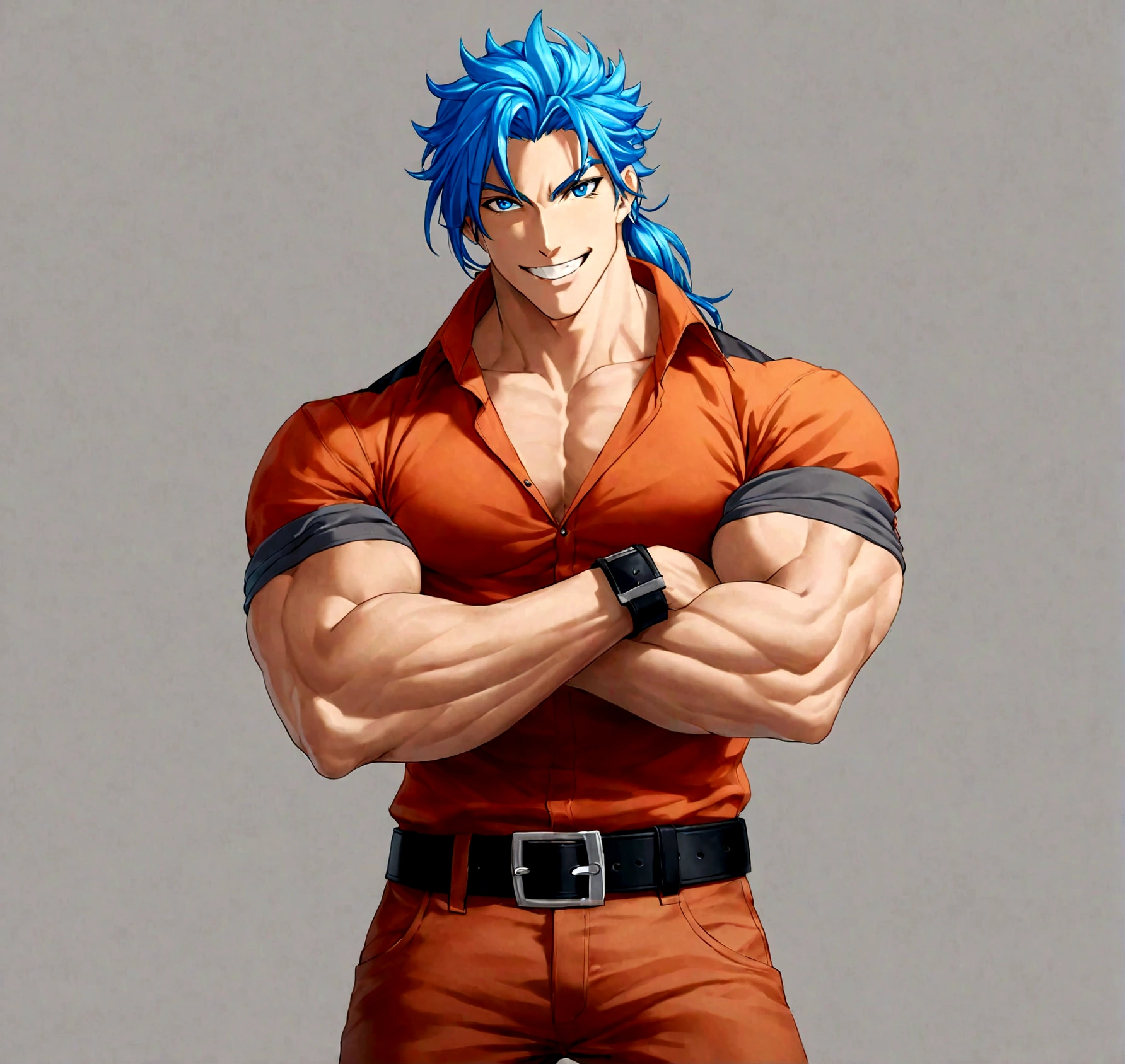 solo, long hair, looking at viewer, smile, blue eyes, simple background, shirt, 1boy, blue hair, male focus, cowboy shot, teeth, belt, pants, grey background, grin, muscular, own hands together, muscular male, sleeves rolled up, black belt