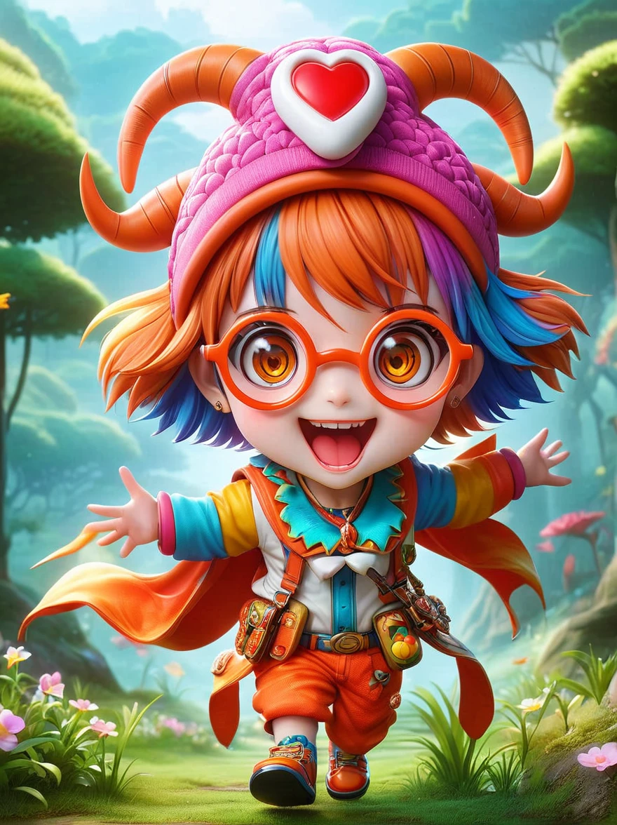 (chibi)，(masterpiece, top quality, best quality, official art, beautiful and aesthetic:1.2), Cute lamb, koi, chibi face，Grass，Red scars，Grin，Wearing chaotic and brightly colored clothing，Cute cartoon crossbody shoulder bag，Orange cartoon glasses，Patterned beanie，anatomically correct, masterpiece, accurate, award winning, 8k, 1fkxc1