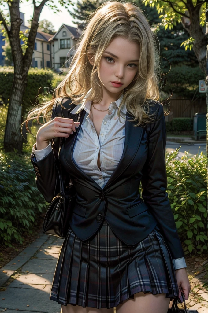 ((best quality)), ((masterpiece)), (detailed), school blazer, private school girl, liz.ashley, unbuttoned, outdoors