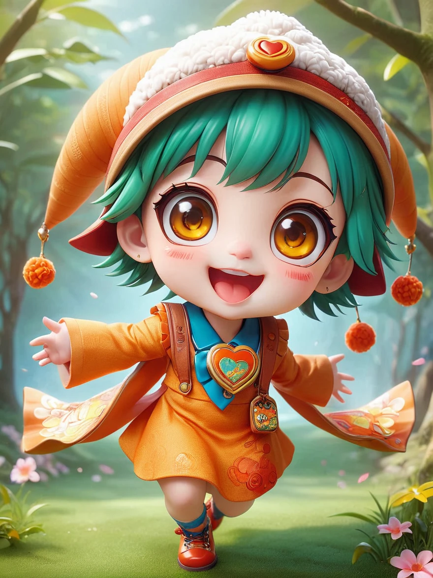 (chibi)，(masterpiece, top quality, best quality, official art, beautiful and aesthetic:1.2), cute lamb ip,koi,chibi face,grass,red scar, laugh,beautiful dress, cute cartoon diagonal shoulder bag, orange cartoon glasses, yellow pattern wool cap, 1fkxc1