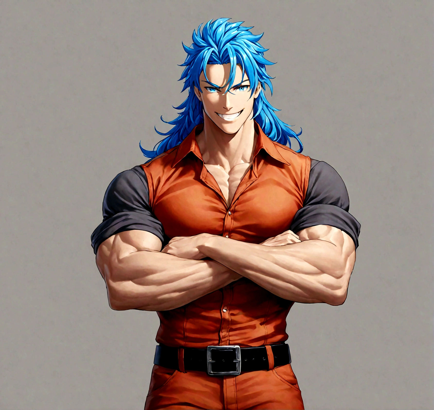 solo, long hair, looking at viewer, smile, blue eyes, simple background, shirt, 1boy, blue hair, male focus, cowboy shot, teeth, belt, pants, grey background, grin, muscular, own hands together, muscular male, sleeves rolled up, black belt