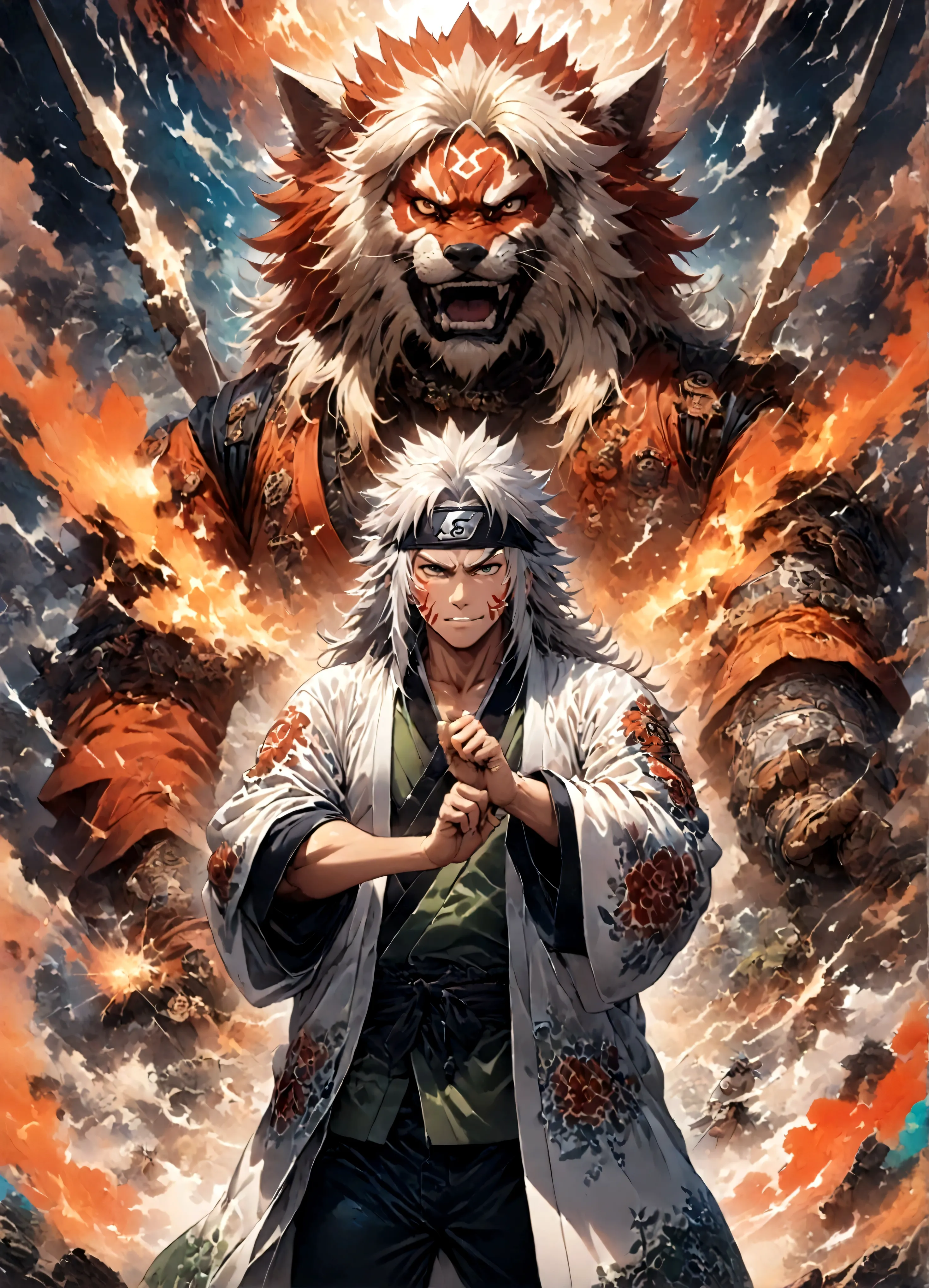Fixes,(1 middle-aged male,Jiraiya,Green kimono,White Haori),alone,comics『Naruto』Characters,,Using Ninjutsu,Fighting Style,Sarcas...