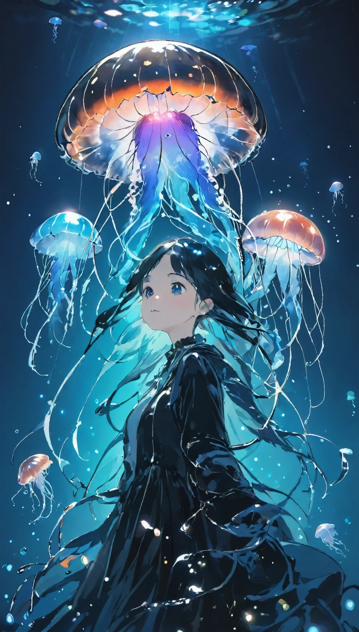 highest quality、Masterpiece、High resolution、８ｋ、Pitch Blackの静寂を演出、Wallpaper Art、A woman looking around、pretty girl、14 years old、Jellyfish floating in the air、Blue glowing jellyfish、Fluorescent jellyfish、Mystical Expressions、Synaptic vesicles、Neuron、Jellyfish-shaped quantum computer、Pitch Black、The only light source is the jellyfish、