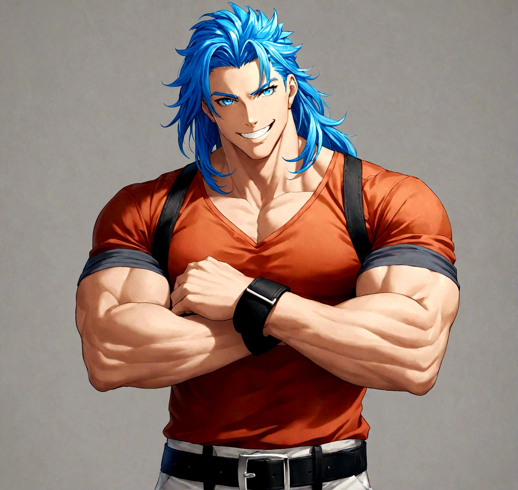 solo, long hair, looking at viewer, smile, blue eyes, simple background, shirt, 1boy, blue hair, male focus, cowboy shot, teeth, belt, pants, grey background, grin, muscular, own hands together, muscular male, sleeves rolled up, black belt