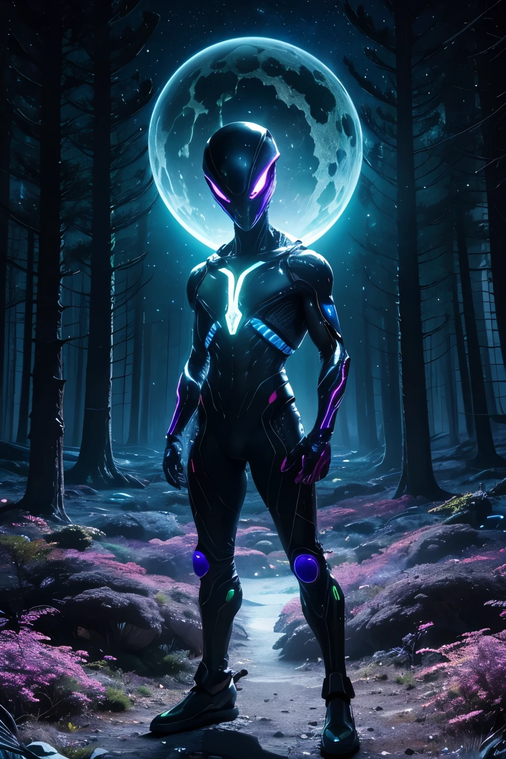 magnificent alien, alien dump, humanoid bodies, multicolored bulging eyes,, mystical creature, futuristic, detailed, magnificent alien landscape, very colorful, high quality, high definition, 8k, full HD, completely white skin, multicolored luminous veins, standing position, look at the landscape, luminescent alien forest background in the middle of the night