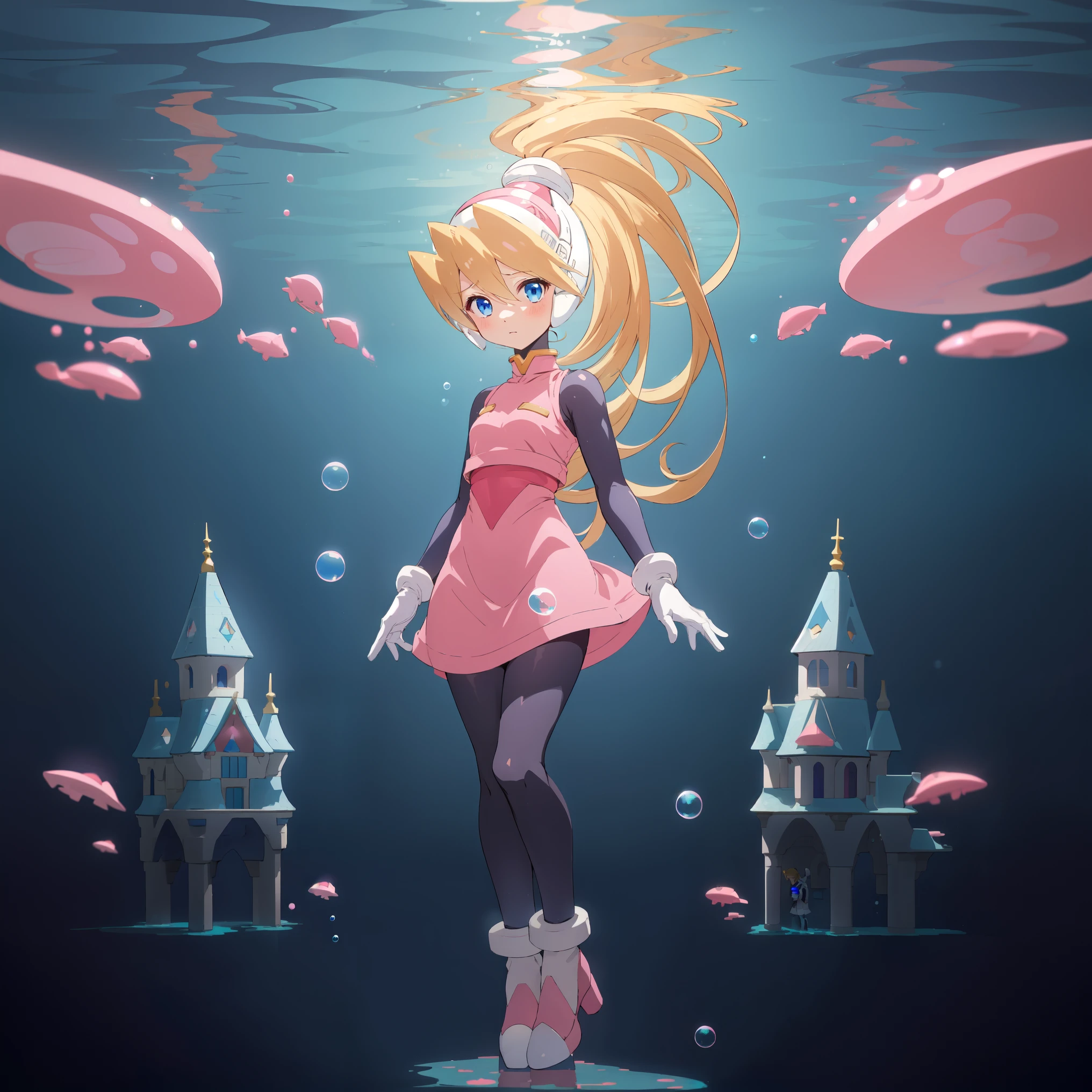 ciel_megamanz, 1girl, solo, long hair, blue eyes, blonde hair, ponytail, headgear, pantyhose, white gloves, pink dress, high quality, masterpiece, standing in an underwater city with lots of bubbles, in the style of yuumei, intricate architectures, indigo, miniature illumination, daniel f. gerhartz