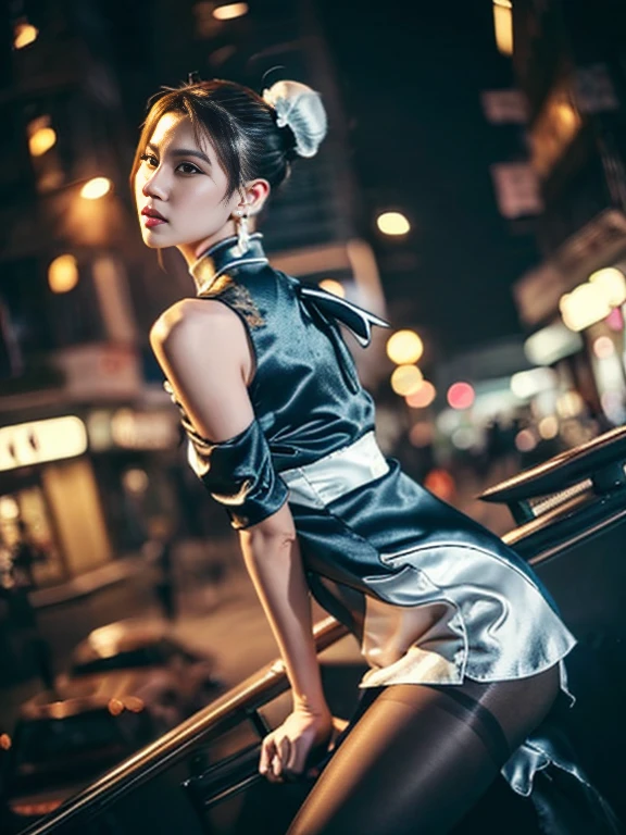 "(Exquisitely drawn CG Unity 8k wallpaper, Masterpiece quality with stunning realism), (Best lighting, Best Shadow), (highest quality), (Elegant and devilish style:1.2), Artistic modern anime. Diagonal view, A close-up full-body portrait of a stunningly beautiful mature Chun-Li from Street Fighter。 ((Dark brown hair:1)), ((White lace-up boots:.5)), Dynamic pose, (Blue Chinese Dress:1.5), Amazing body, in china at night with neon lights, Shy and shy、Frivolous、Sexy、Cute expression, The body is slim, Very decorative and detailed, Brown see-through pantyhose, Depth of field blur effect, night, Full Zoom, Action Portrait, Realistic. Cinema Lighting, Very detailed. highest quality, 4K, Better Hands, Perfect Anatomy, Shortening effect, Shy and shy sexy expressions, Makes legs look shorter, (Sharp Eye:0.8), Surrounded by an ominous and dark atmosphere, Dramatic and striking lighting accents, Surreal fantasy feel". (Wearing white laced military boots:1), (night:1), (Side view:.5), (Lifted my butt:1), (metal spike bracelet:1), (Leaning forward:1), (White ribbon flowing from hair bun:1.5) (Front view:1)