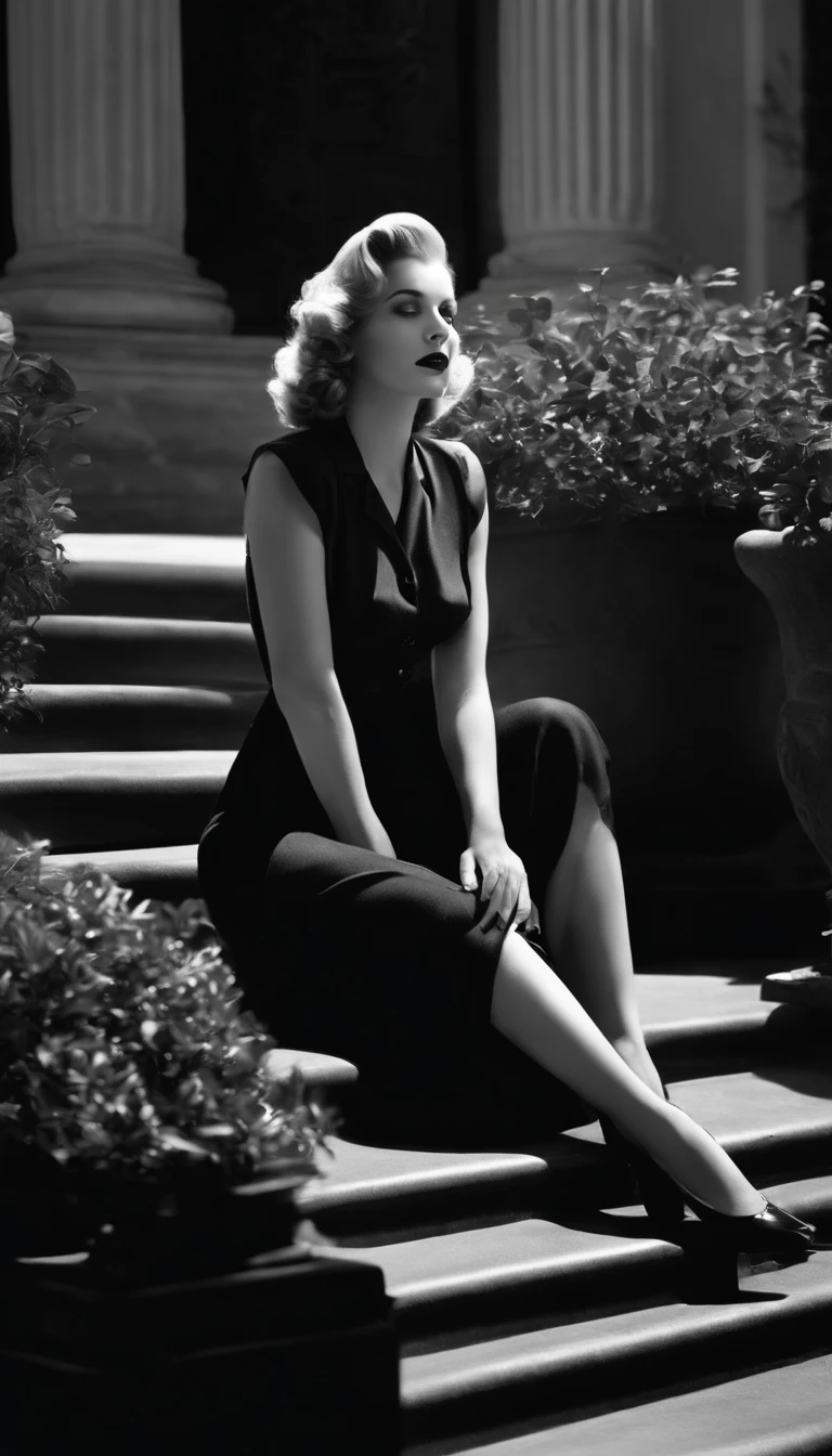 film noir style masterpiece,best quality,ultra_detailed, bellissima,1girl sitting on a planter, monochrome, high contrast, dramatic shadows, 1940s style, mysterious, cinematic