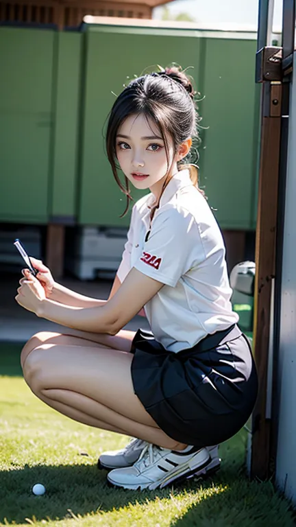 Beautiful Japanese woman in golf wear, Real person, Detailed body, Squat, Live Action,, Skirt flip, office lady