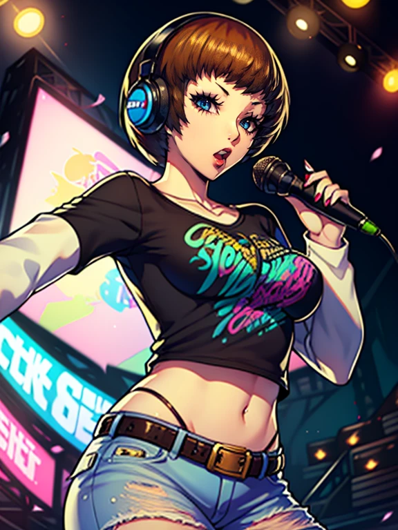 Chie Satonaka (Persona),earrings ,lipstick, eye shadow, makeup, 1girl, solo, black t-shirt, white shirt, blue jeans, belt, lipstick, large breasts, layered sleeves, sexy pose, holding a microphone, singing, stage background, headphones