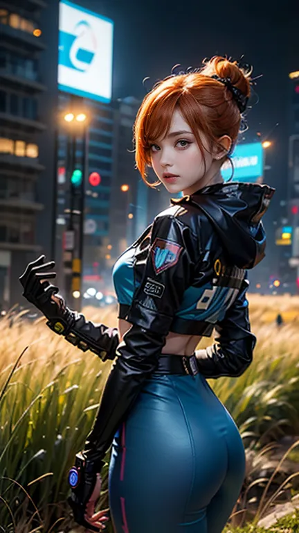 Girl with orange hair, Blue Cyberpunk Outfit, In the colorful grassland, At night