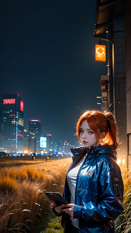 Girl with orange hair, Blue Cyberpunk Outfit, In the colorful grassland, At night