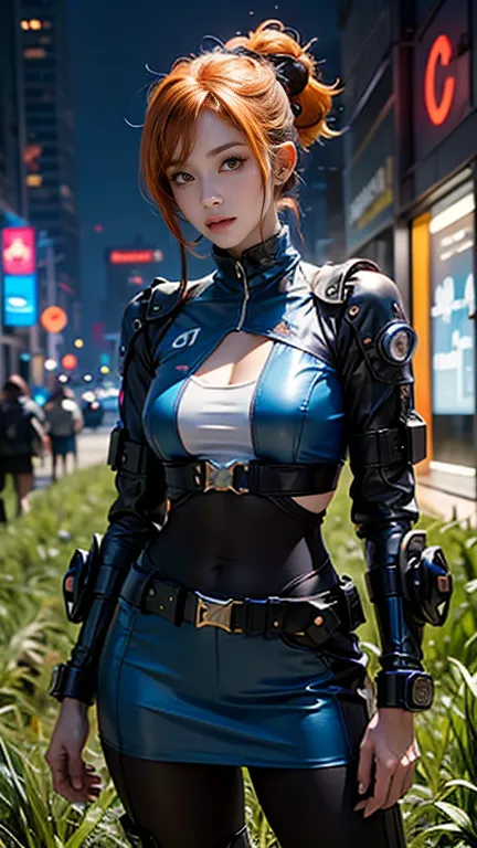 Girl with orange hair, Blue Cyberpunk Outfit, In the colorful grassland, At night