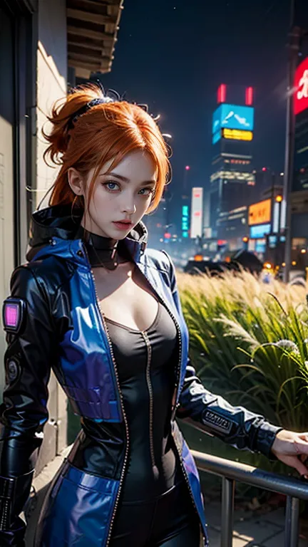 Girl with orange hair, Blue Cyberpunk Outfit, In the colorful grassland, At night