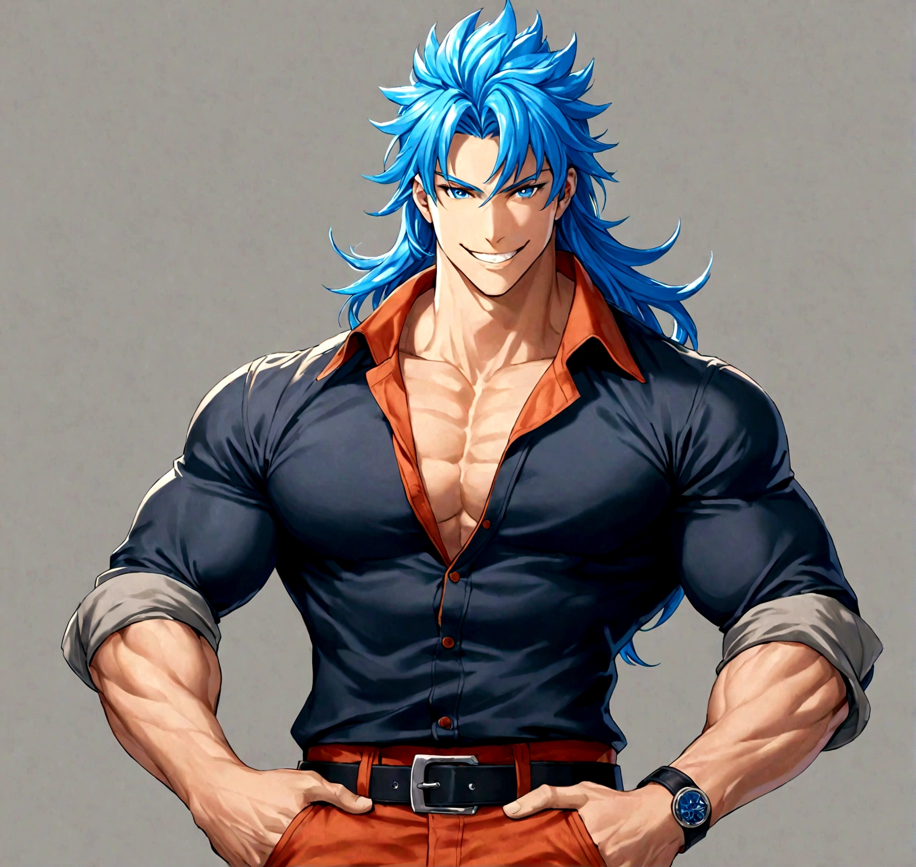 solo, long hair, looking at viewer, smile, blue eyes, simple background, shirt, 1boy, blue hair, male focus, cowboy shot, teeth, belt, pants, grey background, grin, muscular, own hands together, muscular male, sleeves rolled up, black belt