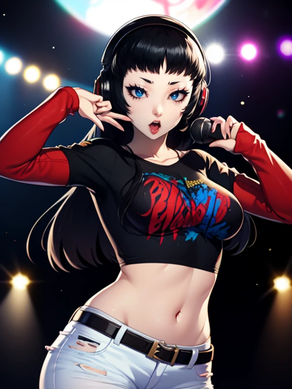 Yukiko Amagi (Persona),earrings ,lipstick, eye shadow, makeup, 1girl, solo, black t-shirt, white shirt, blue jeans, belt, lipstick, large breasts, layered sleeves, sexy pose, holding a microphone, singing, stage background, headphones