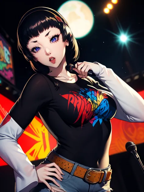 yukiko amagi (persona),earrings ,lipstick, eye shadow, makeup, 1girl, solo, black t-shirt, white shirt, blue jeans, belt, lipsti...