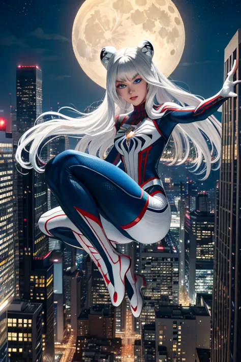 (Masterpiece, 4k resolution, ultra-realistic, very detailed), (White superhero theme, charismatic, there's a girl on top of town...