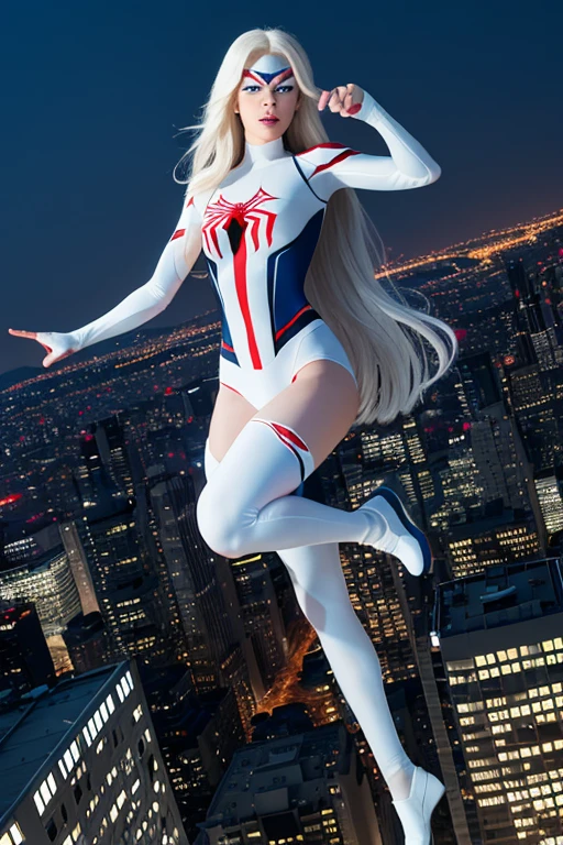 (chef-d&#39;œuvre, Résolution 4K, Ultra réaliste, très détaillé), (Thème de super-héros blanc, charismatique, il y a une fille au sommet de la ville, portant le costume de Spider-Man, c&#39;est une super-héroïne), [ ((25 ans), (longs cheveux blancs:1.2), tout le corps, (yeux bleus:1.2), ((Pose de Spider-Man),démonstration de force, sauter d&#39;un bâtiment à l&#39;autre), ((environnement urbain sablonneux):0.8)| (Paysage urbain, la nuit, lumières dynamiques), (pleine lune))] # Explication: The Prompt décrit principalement une peinture 4K en ultra haute définition, très réaliste, très détaillé. Il montre une super-héroïne au sommet de la ville, porter un costume d&#39;homme-araignée. Le thème du tableau est un thème de super-héros blanc, the female protagonist has longs cheveux blancs, elle a 2 ans et tout son corps est montré dans le tableau. En termes de représentation des actions des super-héroïnes, les araignées sont employées